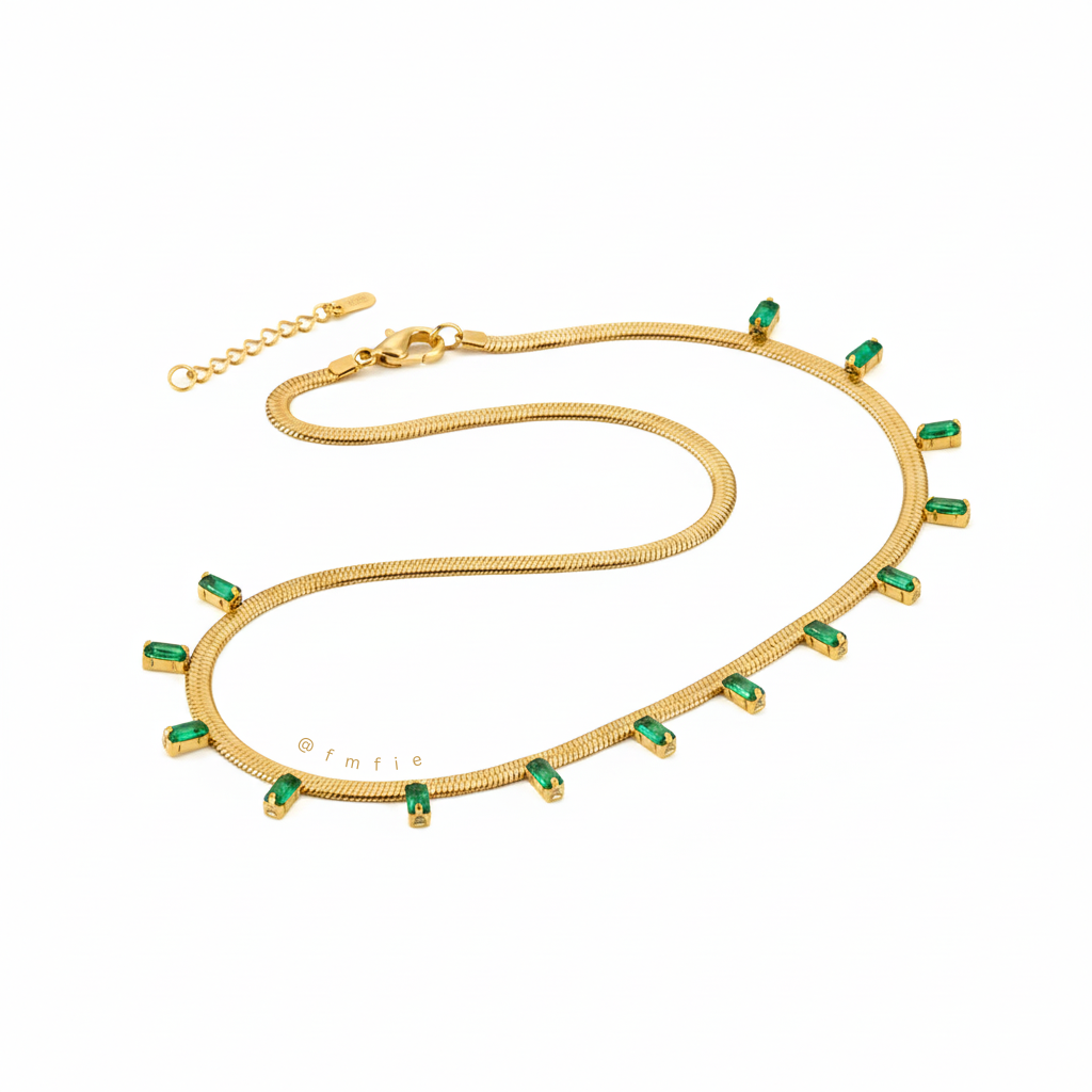 Athina -  Snake Chain Green Emerald Studded Necklace