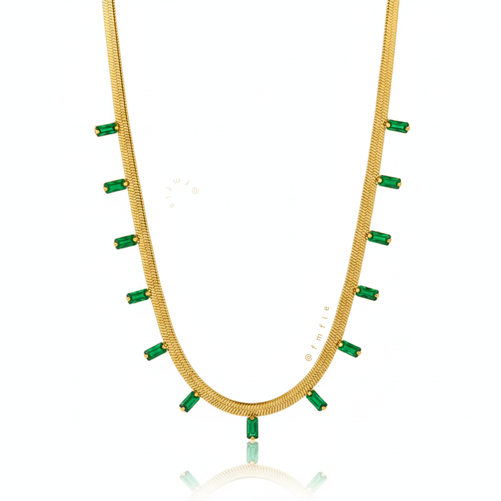 Athina -  Snake Chain Green Emerald Studded Necklace